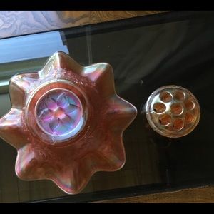 Carnival glass/depression flower holder with frog